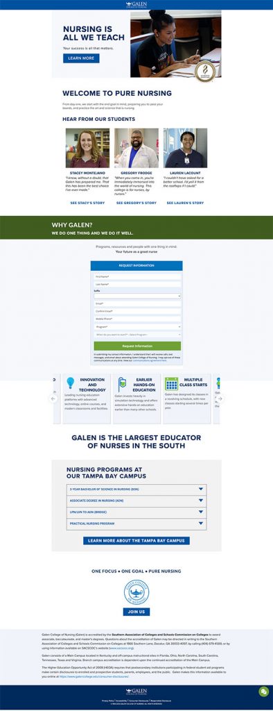 The Galen School of Nursing lead generation page after the audit