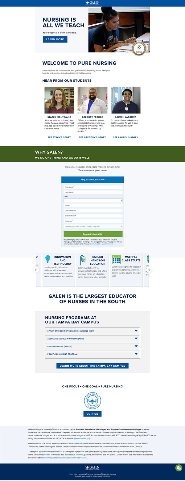 The Galen School of Nursing lead generation page after the audit