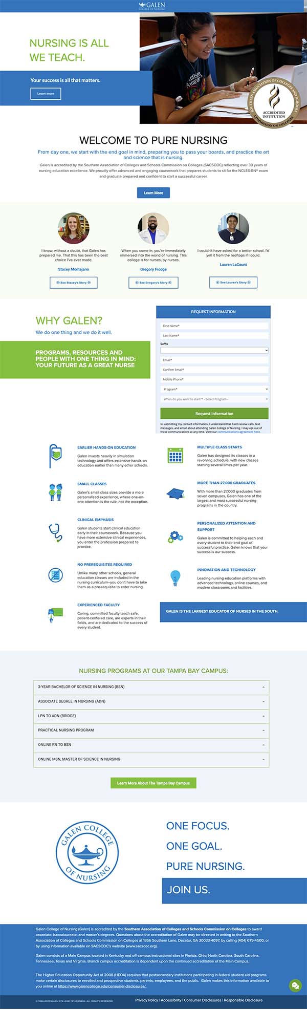 The Galen School of Nursing lead generation page before the audit