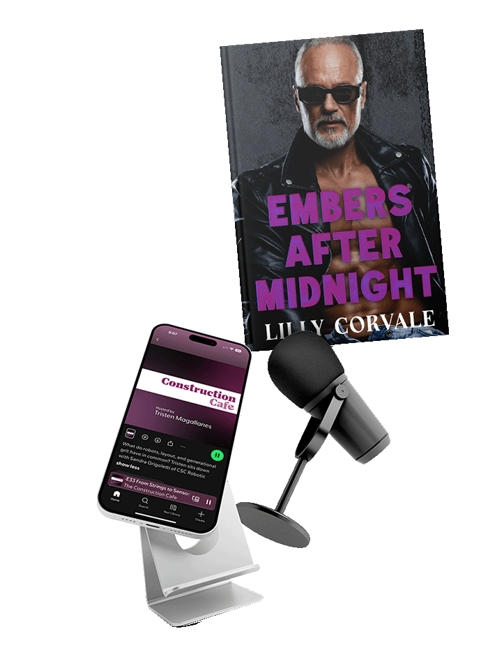 An image of a book, a phone with a website showing, and a podcast mic