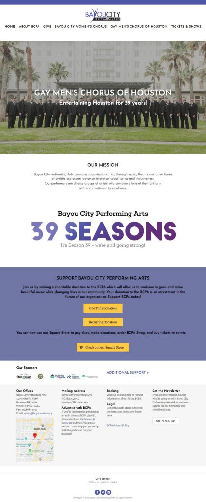 Bayou City Peforming Arts BCPA landing page post remodel