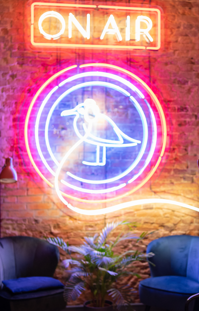 Decorative image - neon sign on brick wall says On Air with a duck underneath