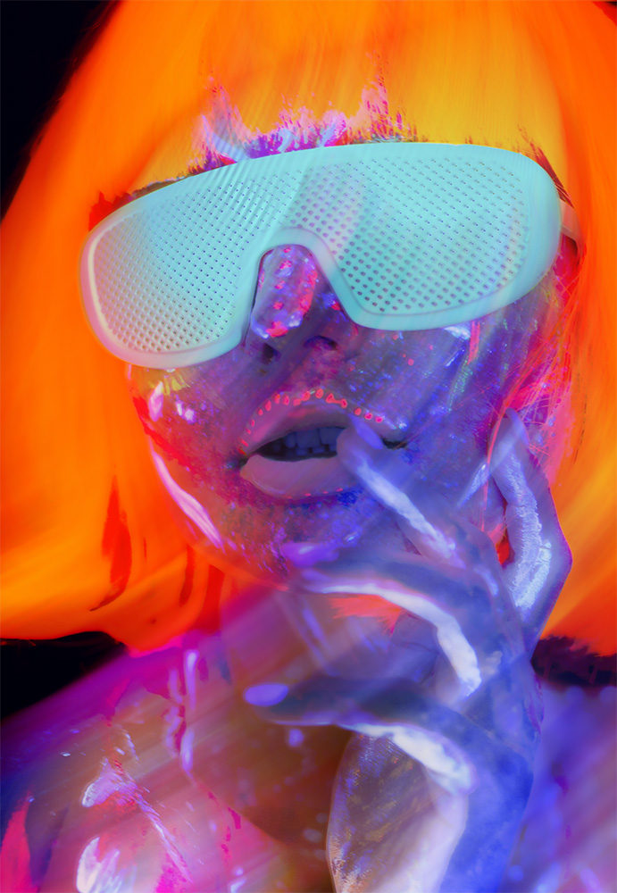 a decorative photo of a woman with orange hair, heavily painted, and wearing blue sunglasses